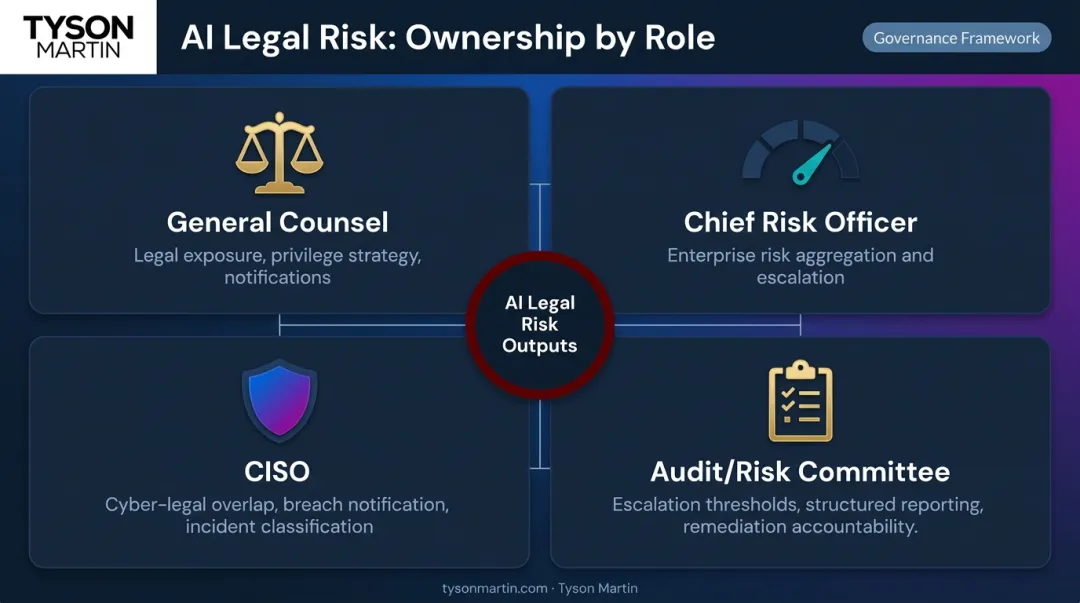 AI legal risk ownership hierarchy showing four executive roles and responsibilities