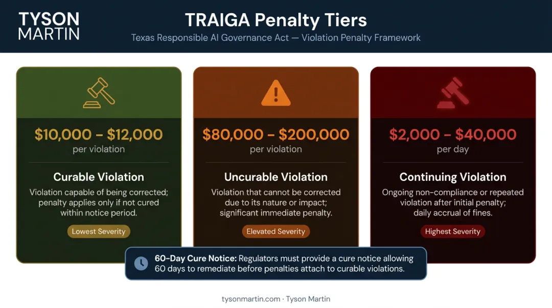 TRAIGA civil penalty structure three violation types with dollar ranges