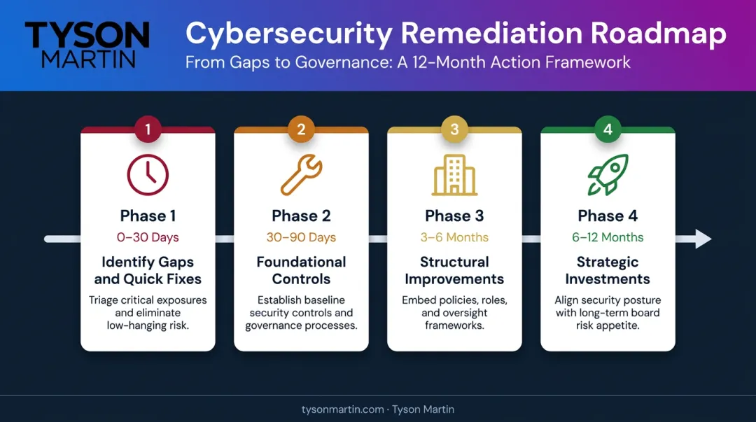 Cybersecurity remediation roadmap four-phase timeline from 30 days to 12 months
