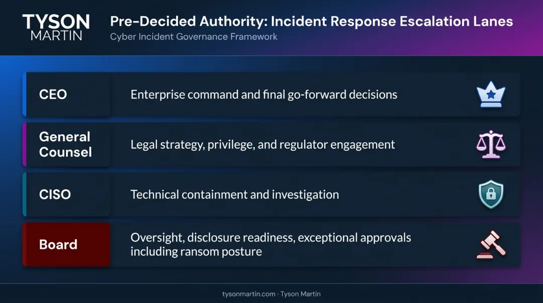 Cyber incident response decision authority lanes by role CEO CISO General Counsel Board