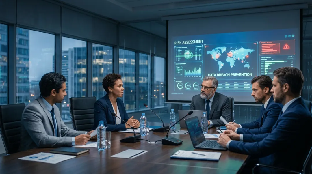 Corporate board meeting reviewing cybersecurity risk dashboard and governance reporting