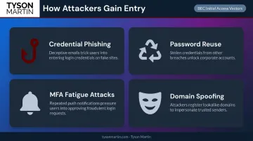 Four BEC initial access methods credential phishing MFA fatigue spoofing comparison