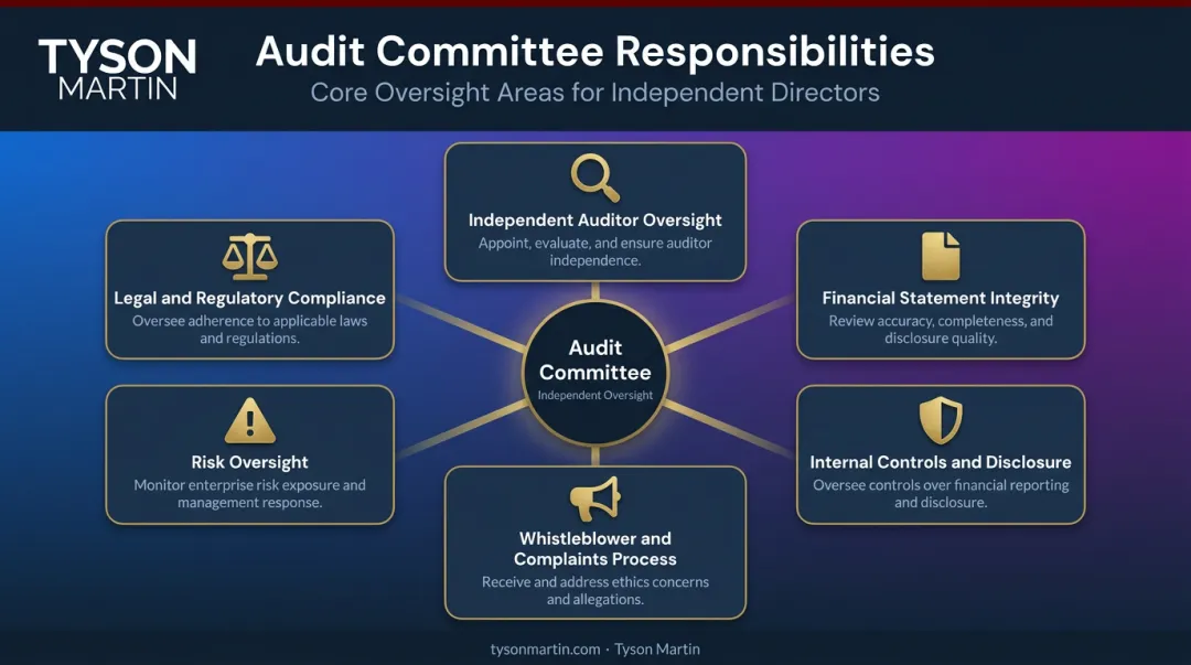 Six core audit committee responsibility areas governance framework infographic