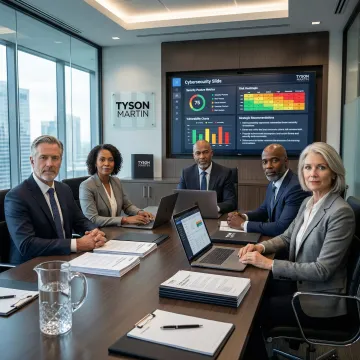 Executive leadership team reviewing cyber risk assessment findings and strategic security recommendations