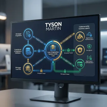 Technology infrastructure diagram showing mortgage bank systems integration and security layers