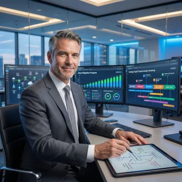 Executive reviewing technology strategy dashboard with business metrics