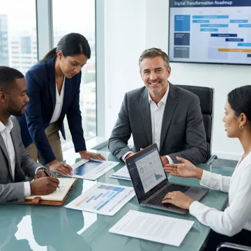 Executive technology leader reviewing strategic IT roadmap in modern Richmond office