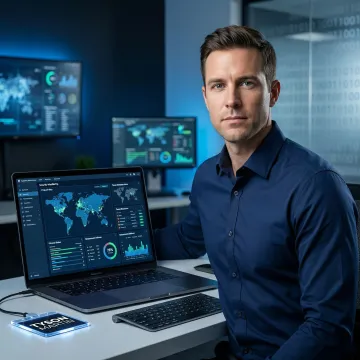 Cybersecurity professional conducting ransomware readiness assessment on laptop with security dashboard