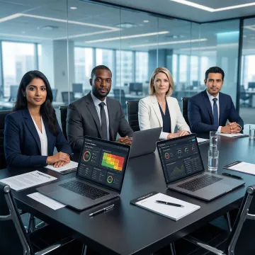 Executive team reviewing ransomware defense strategy in modern boardroom