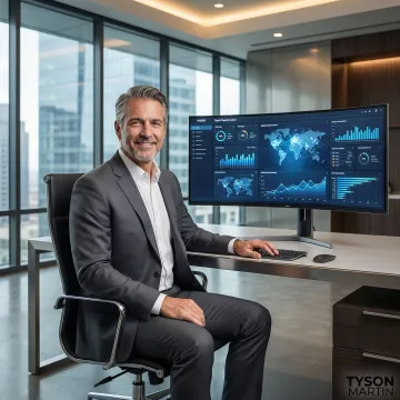 Executive reviewing technology infrastructure dashboard in modern corporate boardroom