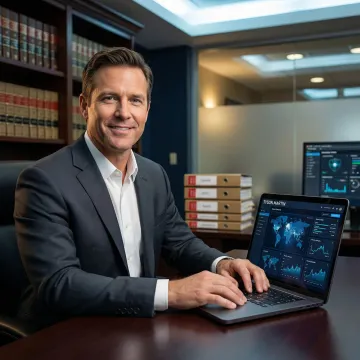 Legal cybersecurity professional reviewing confidential law firm data on secure laptop