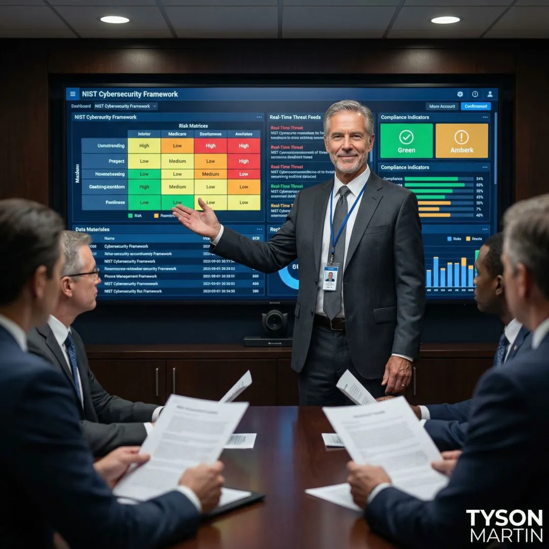 Government cybersecurity executive presenting risk assessment to agency leadership team