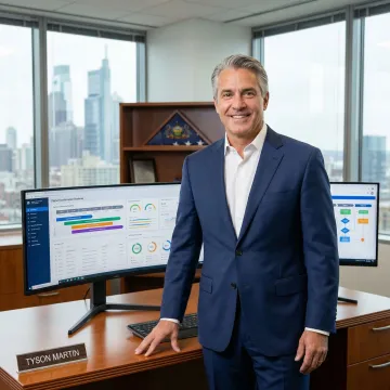 Executive reviewing technology strategy dashboard in Pennsylvania office