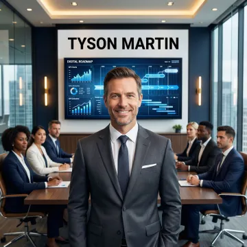 Technology executive presenting IT strategy to board members in professional meeting room