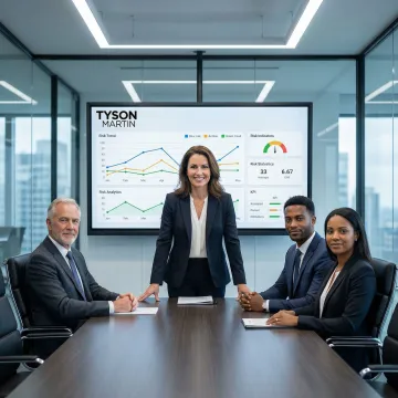 Executive advisor reviewing cybersecurity governance dashboard with board members