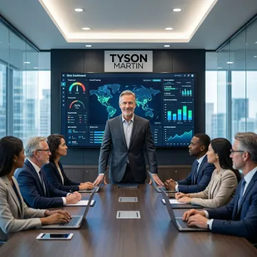 Senior cybersecurity executive presenting risk dashboard to corporate board members in a boardroom