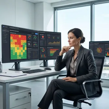 Cybersecurity professional conducting comprehensive cyber risk assessment with digital security analytics dashboard