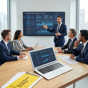 Professional technology advisor consulting with mortgage bank executives in modern boardroom