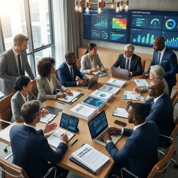 Professional board meeting with executives reviewing governance frameworks and risk dashboards