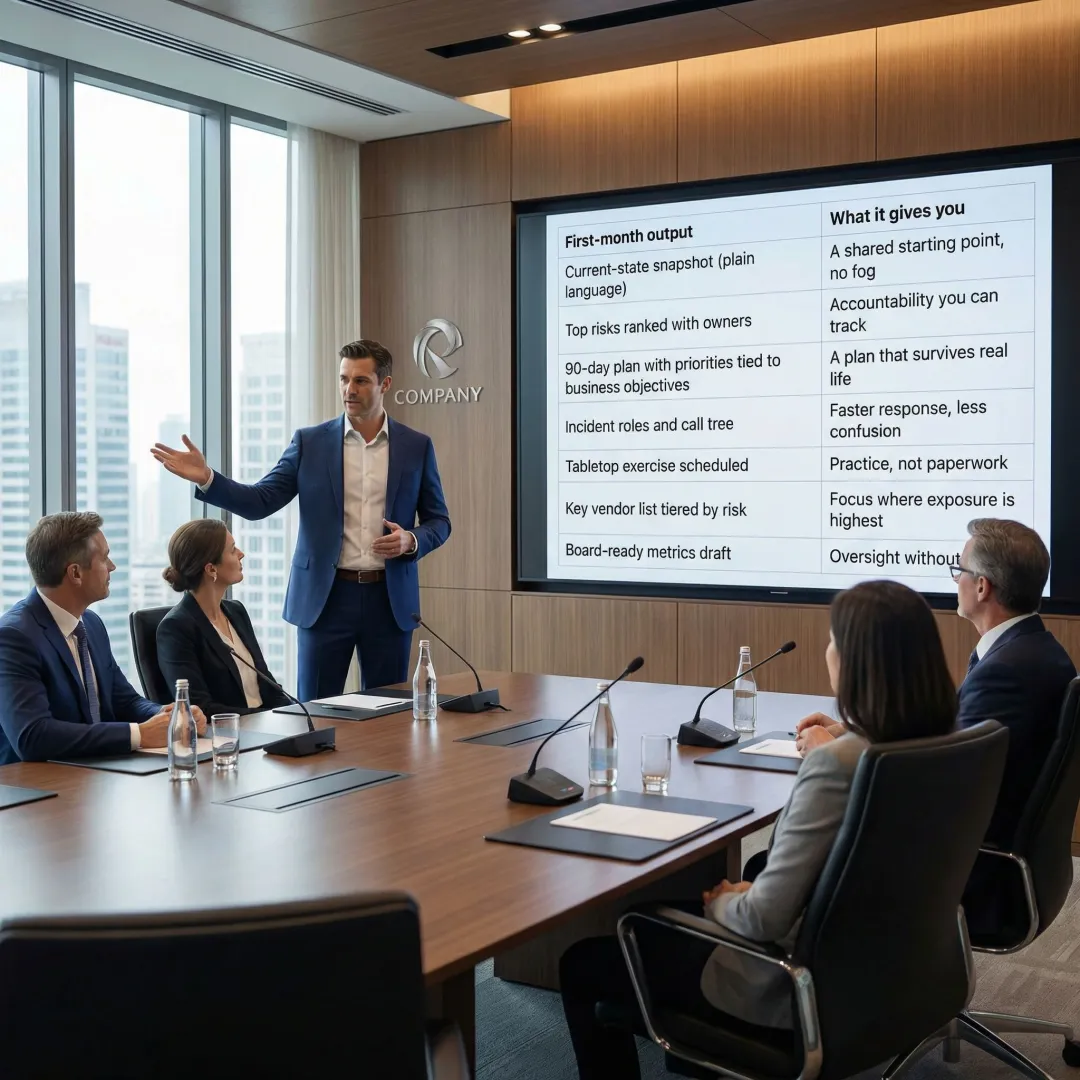 Business executive presenting risk governance framework to board members with data visualization