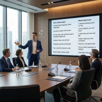 Business executive presenting risk governance framework to board members with data visualization