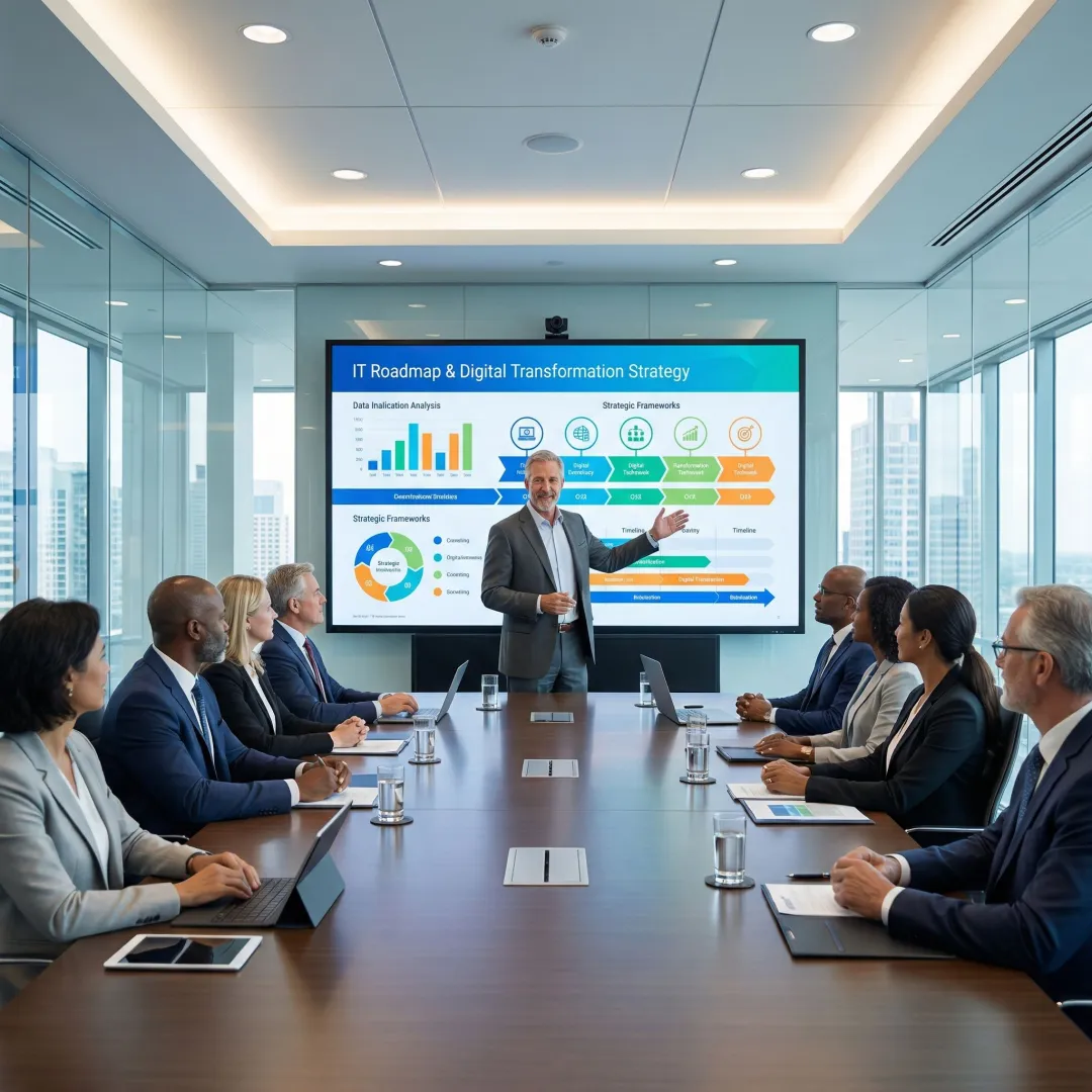 CIO presenting technology strategy to executive board meeting