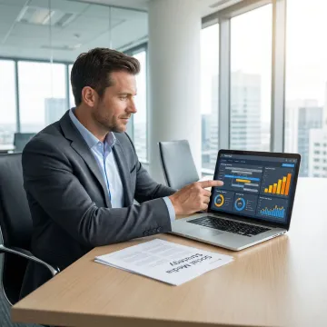 Executive reviewing digital transformation strategy on multiple screens