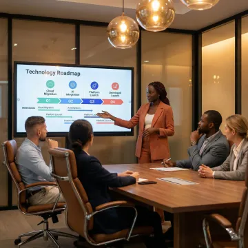 Executive advisor reviewing technology strategy dashboard with business leaders in modern boardroom