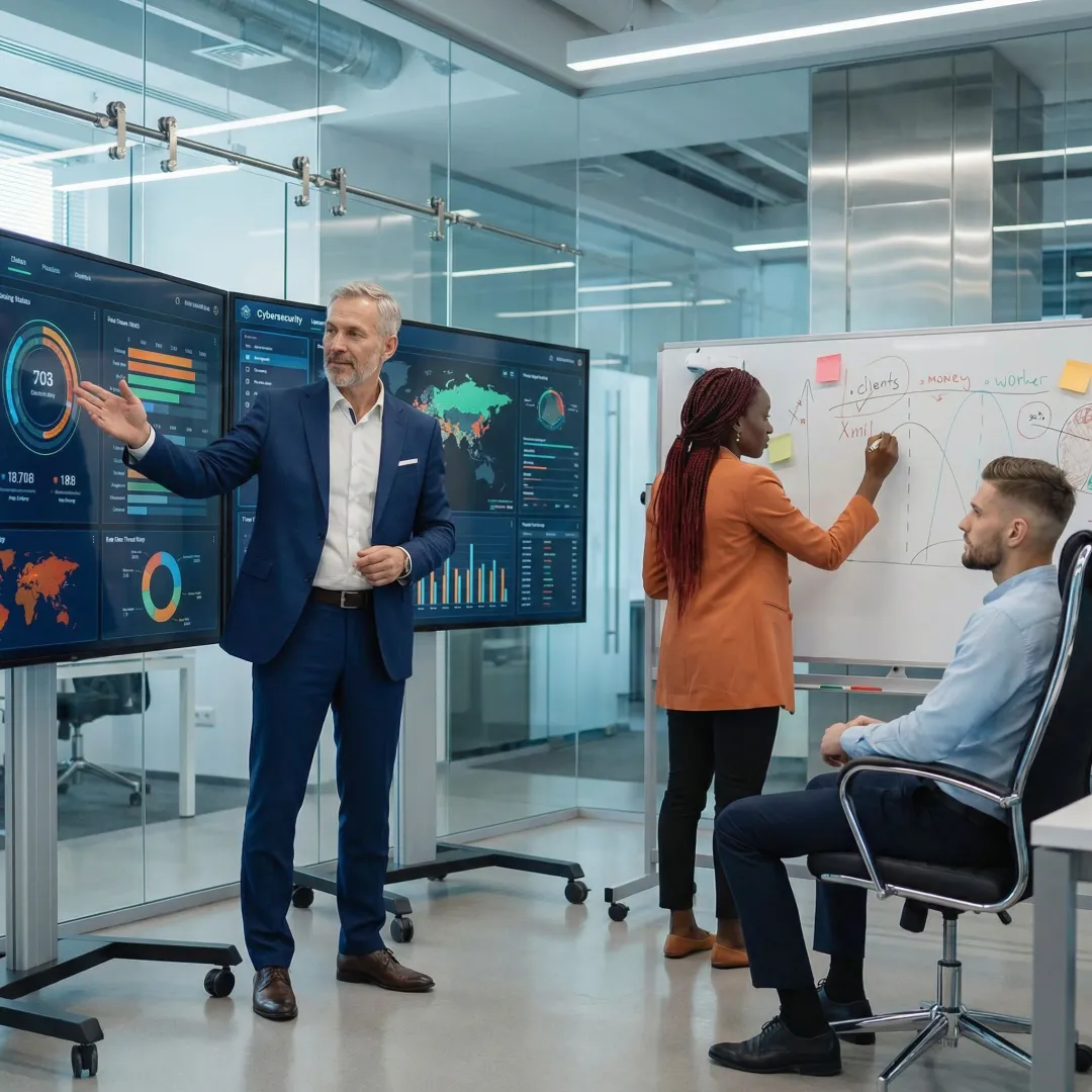 Technology executive analyzing business metrics and security dashboards on multiple monitors