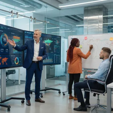Technology executive analyzing business metrics and security dashboards on multiple monitors
