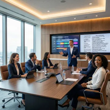 Executive technology leader reviewing digital transformation roadmap in modern boardroom