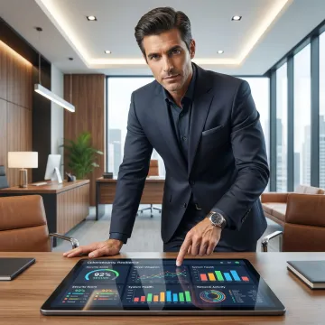 Business executive reviewing cyber resilience dashboard on tablet