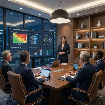 Cybersecurity consultant presenting risk assessment findings to board of directors