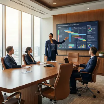 Executive reviewing technology strategy dashboard in Princeton office