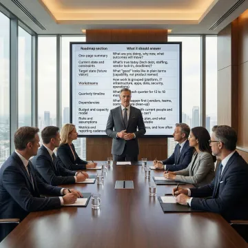 Technology executive presenting IT strategy to board members