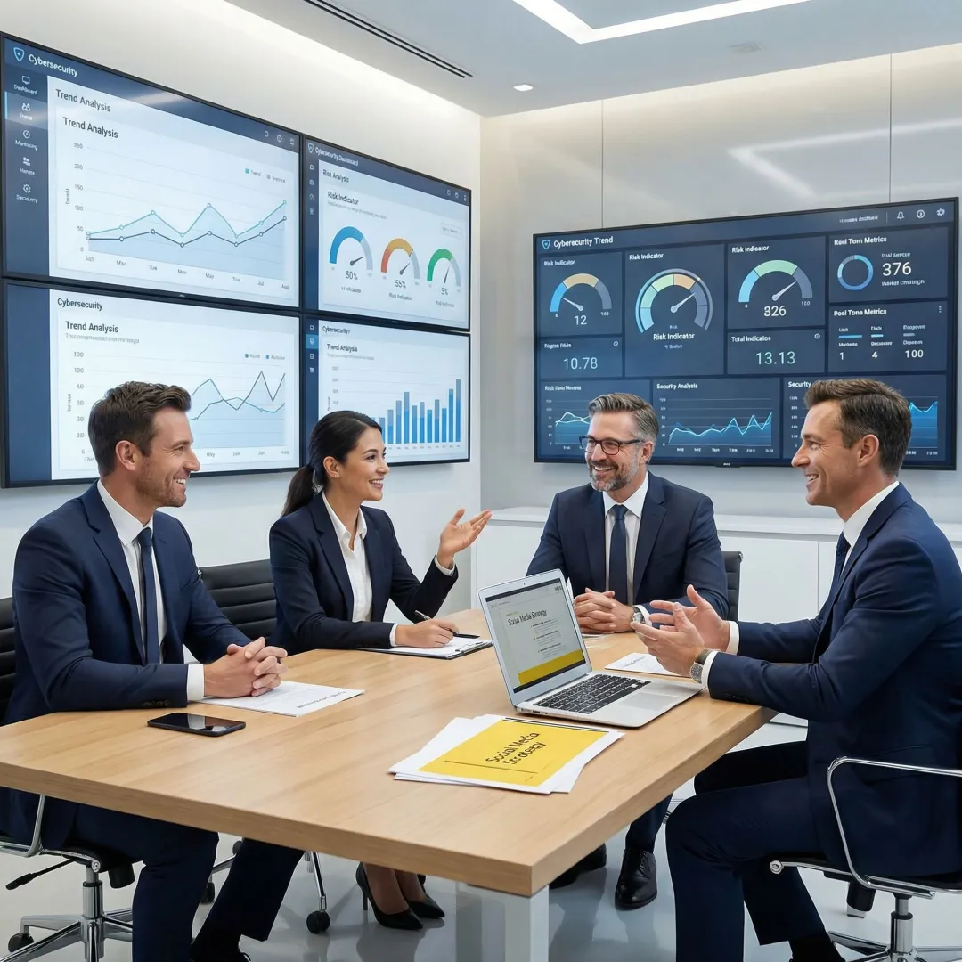 Business executives analyzing cybersecurity metrics and governance frameworks on digital dashboard