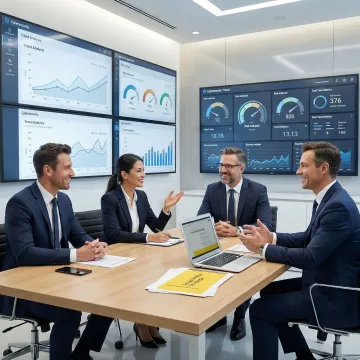 Business executives analyzing cybersecurity metrics and governance frameworks on digital dashboard