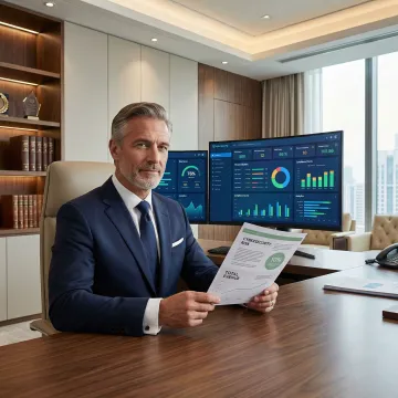 Executive cybersecurity professional reviewing risk dashboard on laptop in modern boardroom