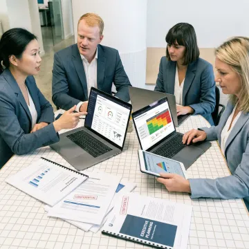 Business executives discussing cybersecurity strategy at conference table with digital displays