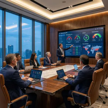 Executive boardroom meeting with technology risk dashboard display