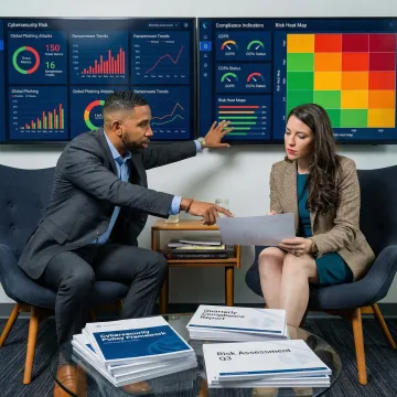 Business executives reviewing technology governance framework documents