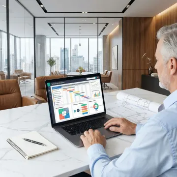 Executive reviewing technology strategy dashboard on laptop in modern office setting