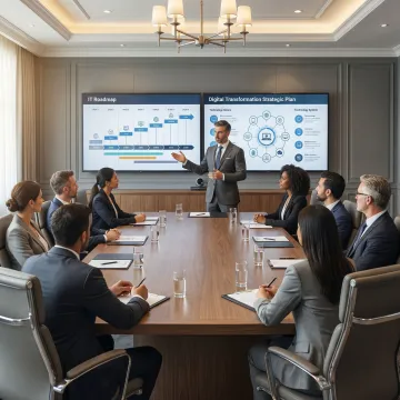 CIO presenting technology strategy to board members in executive boardroom