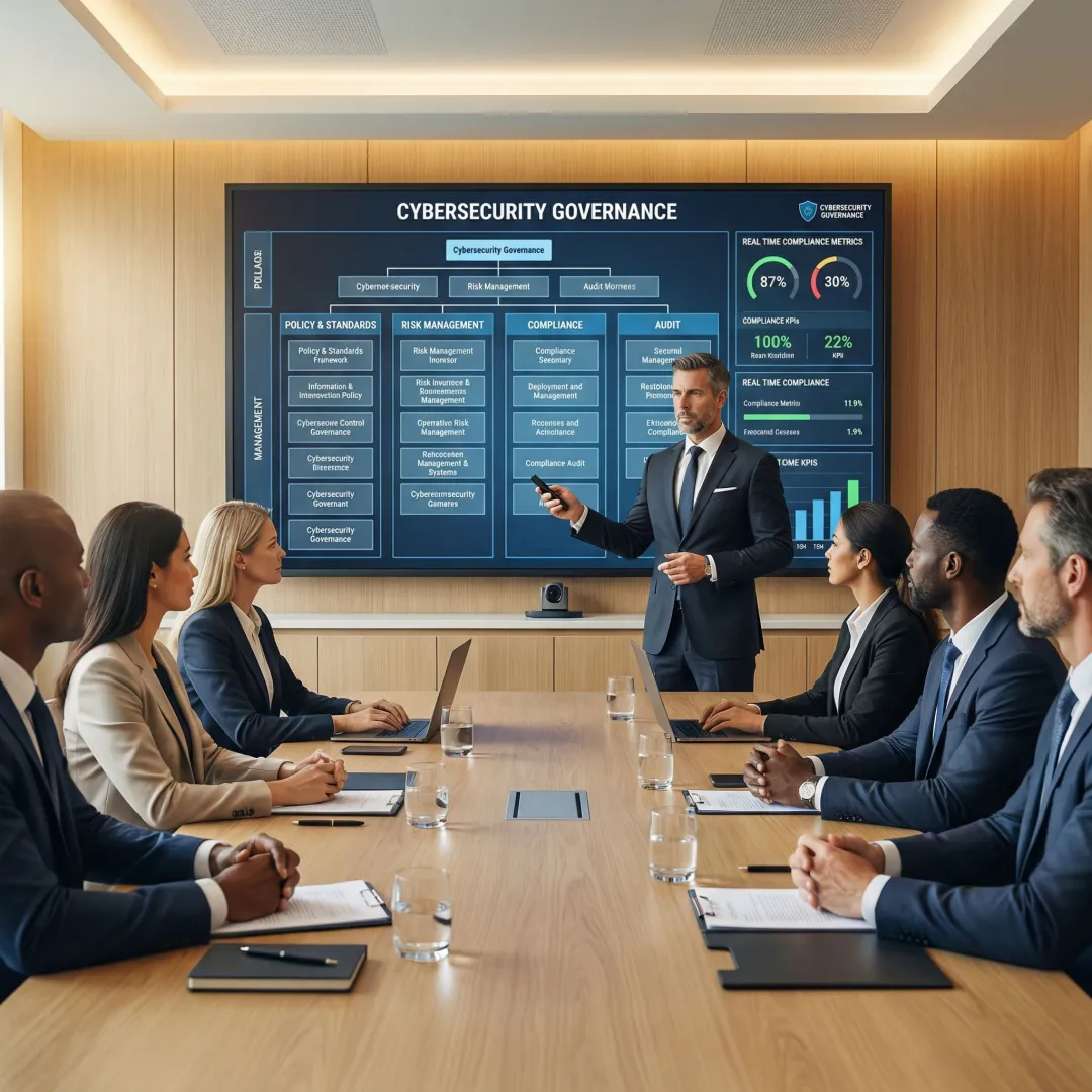 Cybersecurity executive presenting risk framework to board of directors