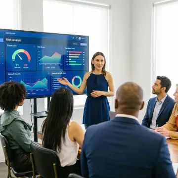 Executive cybersecurity consultant reviewing security dashboard with board members