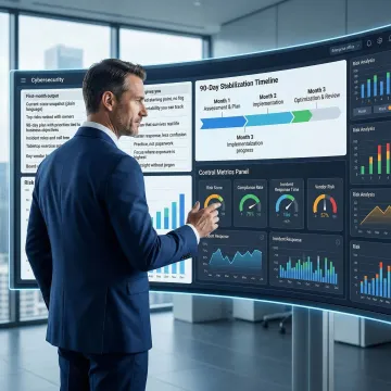Cybersecurity executive reviewing risk assessment dashboard with timeline milestones