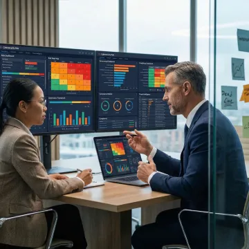 Executive team reviewing risk management strategy documents in modern boardroom