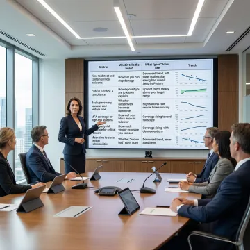 Risk advisor presenting cybersecurity metrics dashboard to board members