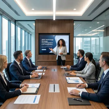 Senior technology executive presenting strategic IT roadmap to board of directors