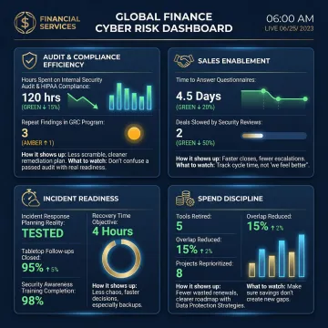 Financial institution cybersecurity dashboard showing risk metrics